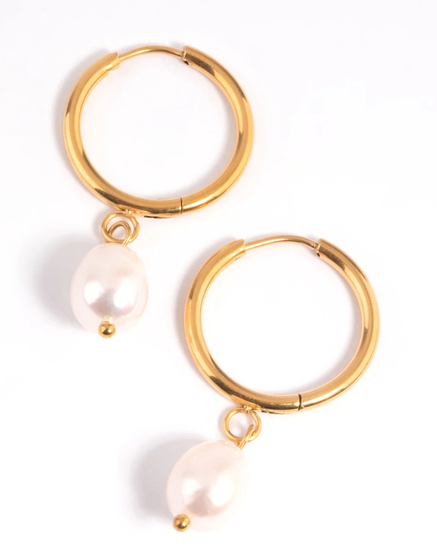 Lovisa - Waterproof Gold Plated Stainless Steel Freshwater Pearl Thin Huggie Hoop Earrings