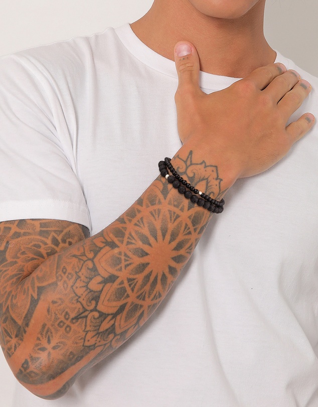 Kuzzoi - ICONIC EXCLUSIVE - Bracelet Men Bead Set Black with Lava and Onyx in 925 Sterling Silver