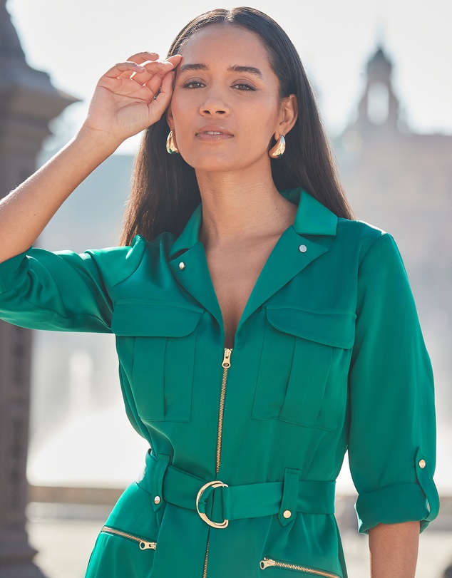 Sosandar - Satin Zip Front Utility Shirt Dress