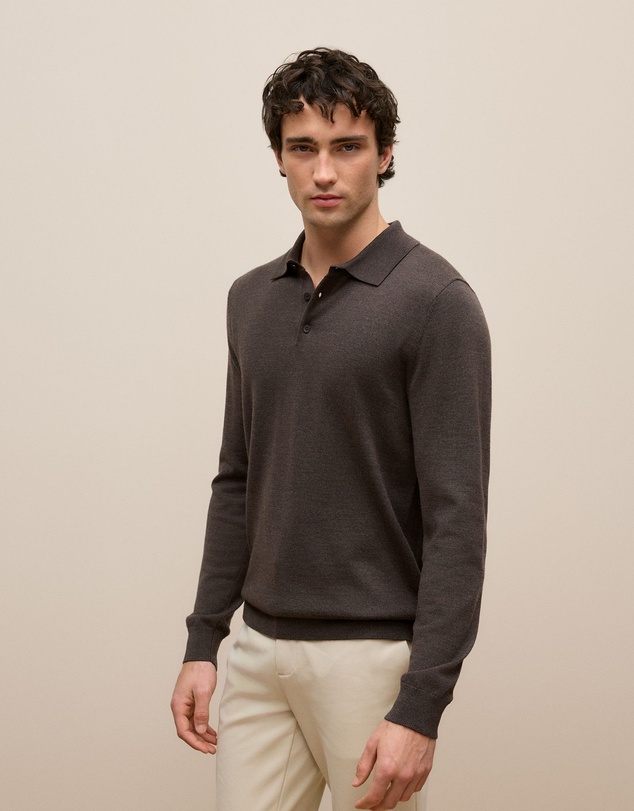 Trenery - Merino Long Sleeve Polo in Espresso