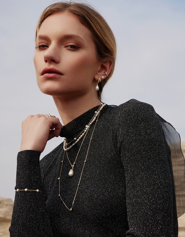 Ania Haie - Gold Sparkling Duet Mixed Shell Pearl Drop Huggie Earrings