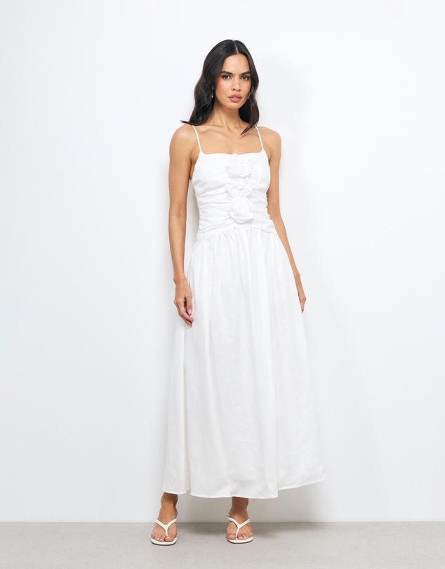 AERE - Eloe Ruched Linen Flower Maxi Dress