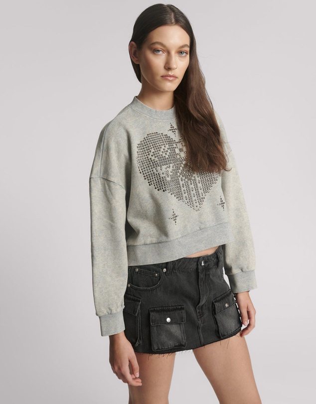 ONE TEASPOON - Studded Heart Grey Cropped Sweater - Grey Marl
