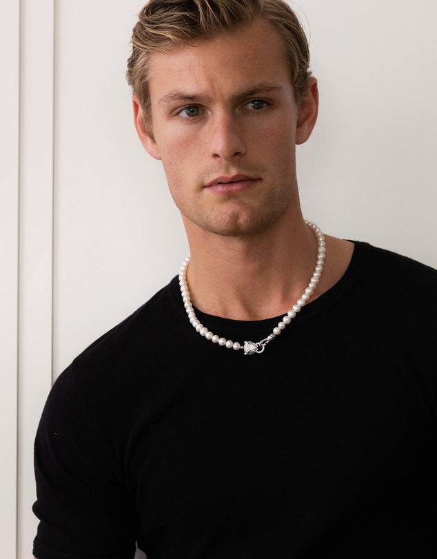 Nialaya Jewellery - White Pearl Necklace with Silver Panther Head Lock