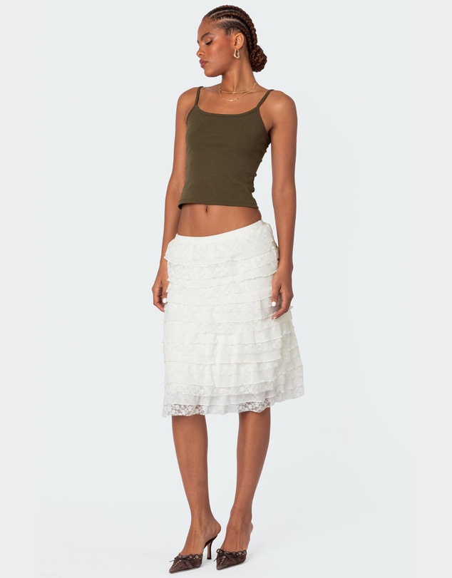 EDIKTED - Louise Lace And Mesh Ruffle Midi Skirt