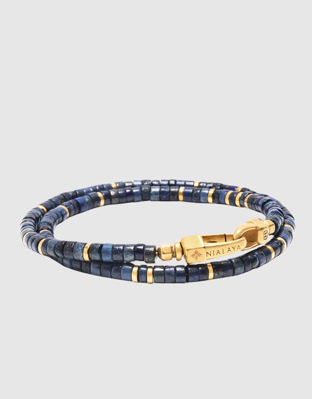 Nialaya Jewellery - Blue Lapis Heishi Wrap Bracelet with Gold Lock