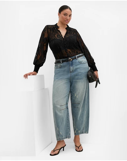 City Chic - Plus size Liv Sheer Lace Long Sleeve Blouse - black