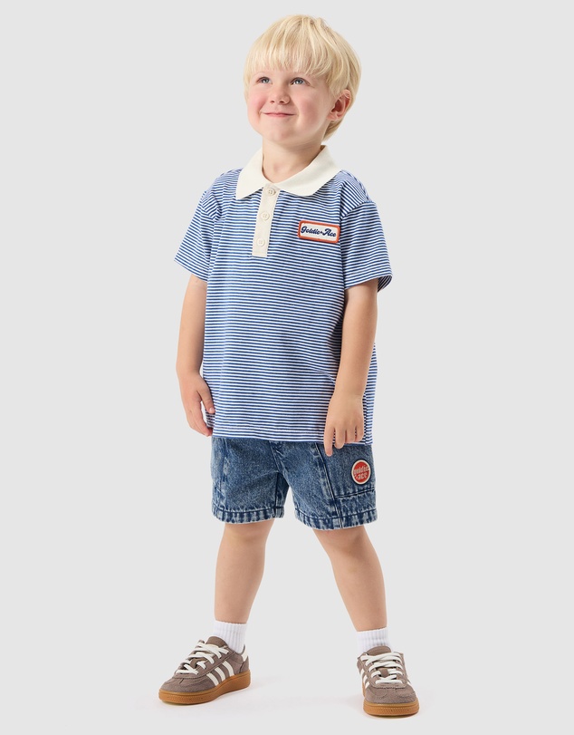 Goldie + Ace - Navy Stripe Logo Polo Top - Babies-Kids