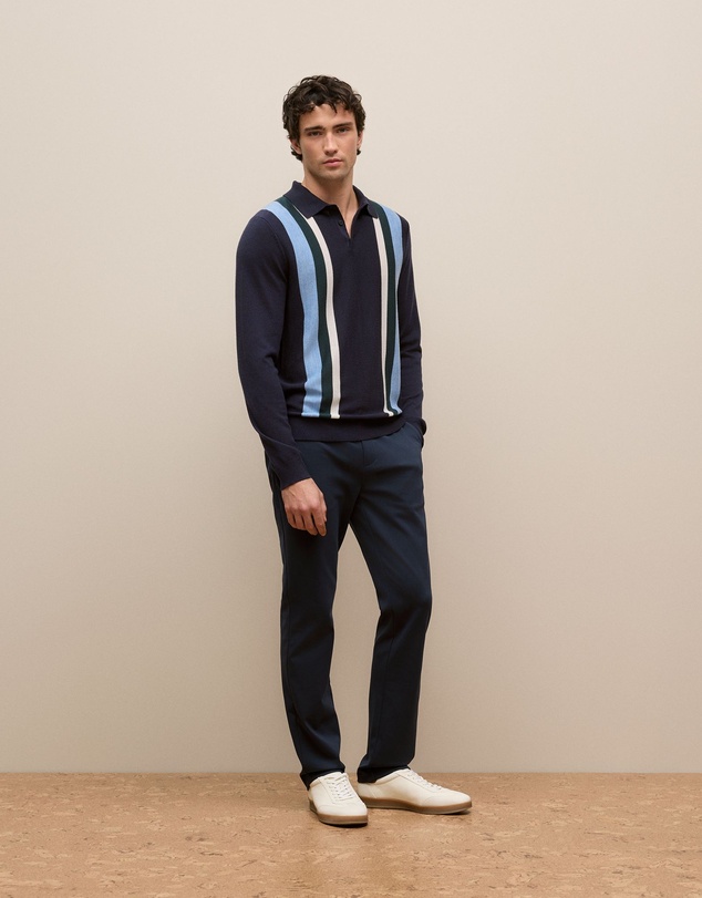 Trenery - Merino Graphic Stripe Long Sleeve Polo in Navy