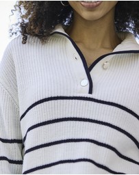 Sosandar - Stripe Gold Button Detail Collared Jumper