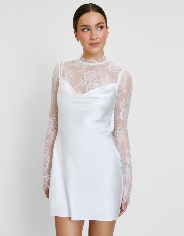 Six Stories - Lace Sleeve Cowl Satin Mini Dress