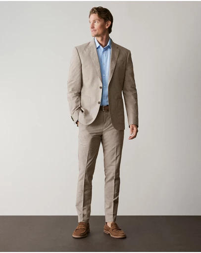 Trenery - Italian Cotton Linen Check Slim Pant in Latte