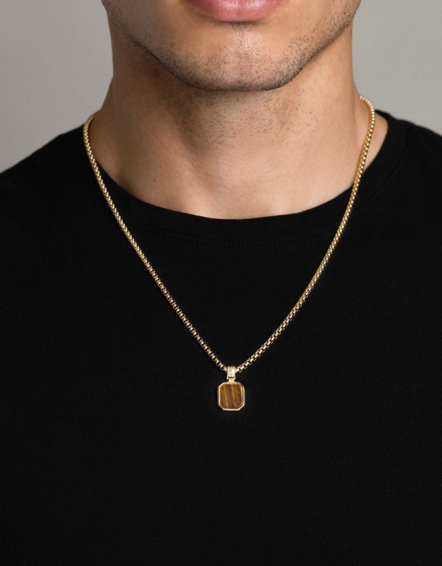 Nialaya Jewellery - Gold Necklace with Square Brown Tiger Eye Pendant