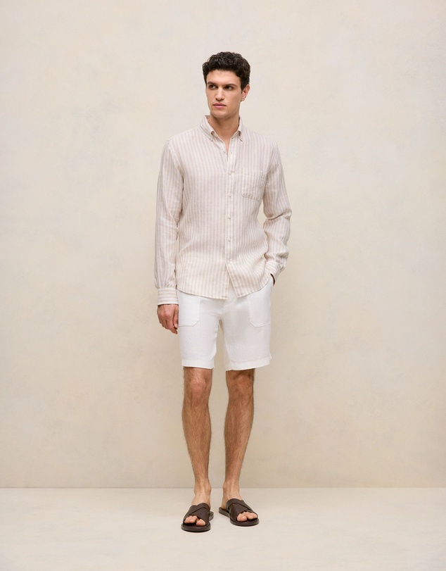 Trenery - Regular Fit Linen Bengal Stripe Shirt in Sand