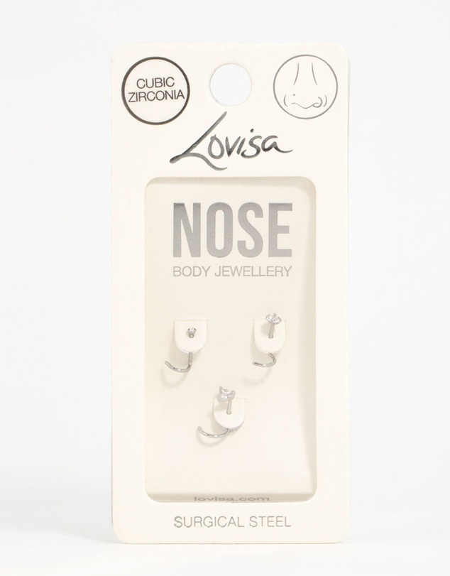 Lovisa - Surgical Steel Cubic Zirconia Butterfly & Round Nose Stud 3-Pack