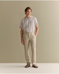 Trenery - Regular Fit Linen Tonal Stripe Short Sleeve Shirt in Flax