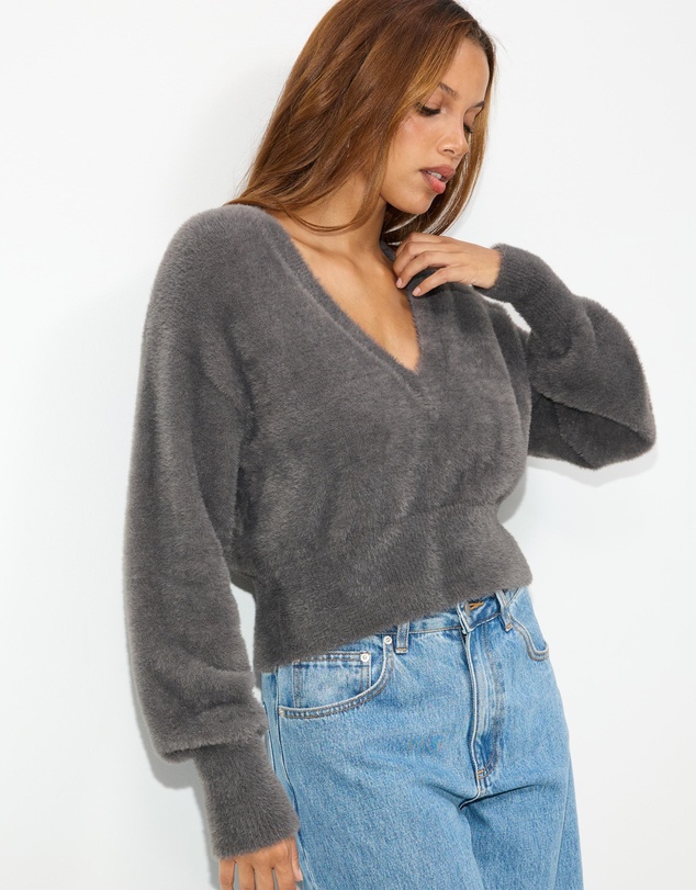 Dazie - Faye Fuzzy V-Neck Sweater