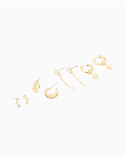 Lovisa - Gold Plated Cubic Zirconia Celestial Hoop & Chain Drop Earrings 4-Pack