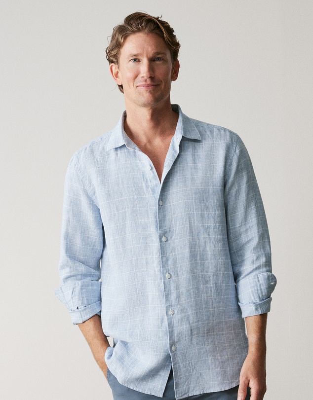 Trenery - Tailored Fit Linen Prince Of Wales Check Shirt in Faded Blue