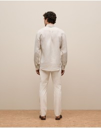 Trenery - Regular Fit Linen Micro Check Long Sleeve Shirt in Stone