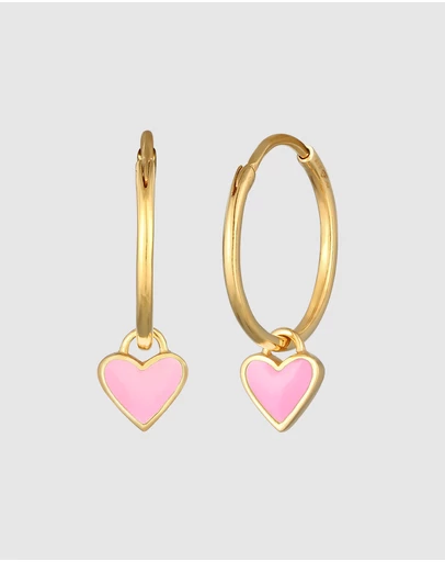 Elli Jewelry - Pink Enamel Heart Charm Hoop Earrings in Gold-Plated 925 Silver