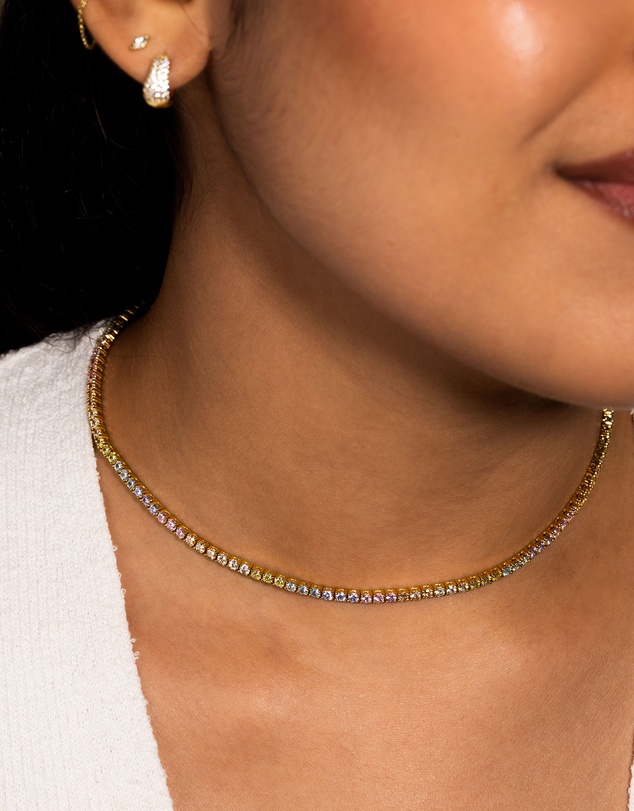 Wanderlust + Co - Pave 14K Gold Vermeil Rainbow Tennis Necklace
