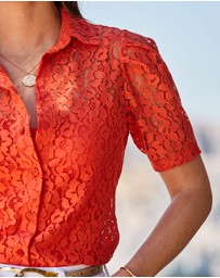 Sosandar - Short Puff Sleeve Lace Shirt