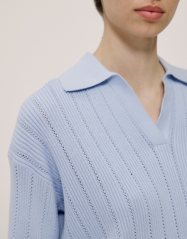 Trenery - Cotton Cashmere Fine Cable Polo in Blue Marble
