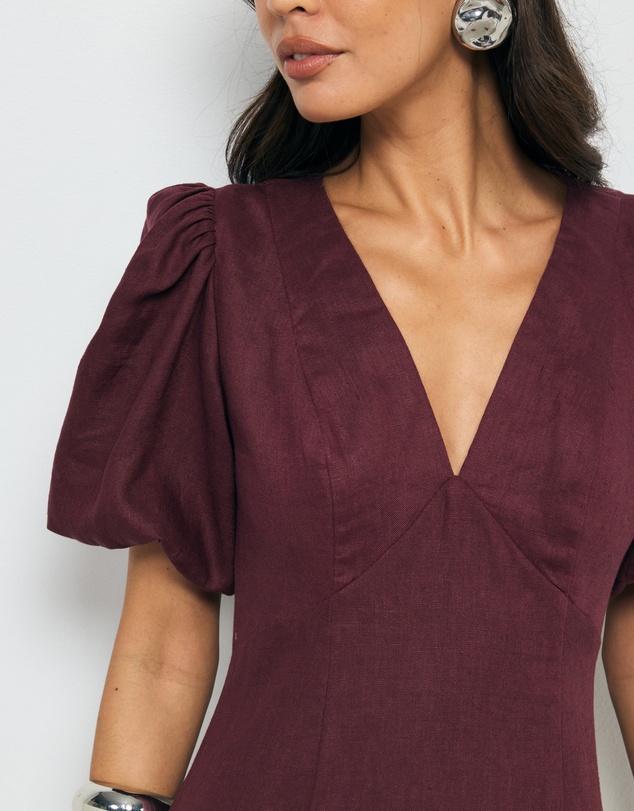 AERE - Lori Puff Sleeve Linen Midi Dress