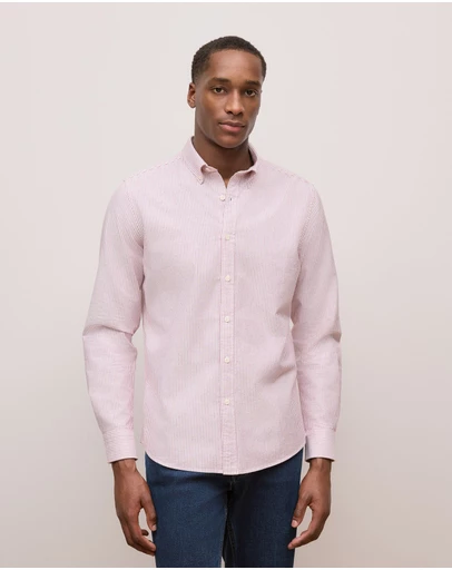 Trenery - Regular Fit Yarn Dyed Stripe Oxford Shirt in Auburn