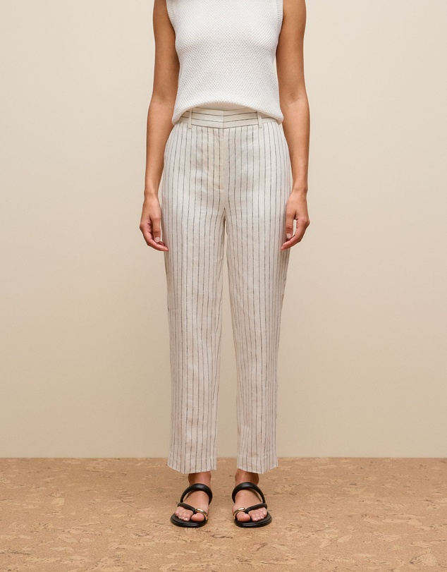Trenery - Linen Pinstripe Straight Leg Pant in White