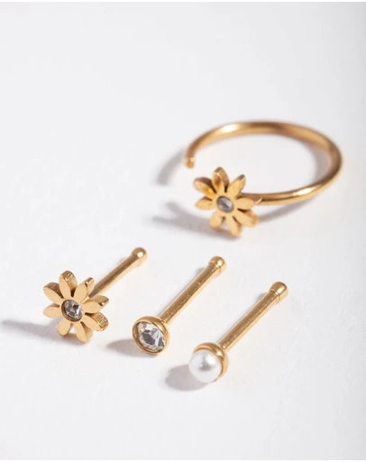 Lovisa - Surgical Steel Gold Flower Pearl Nose Stud 4-Pack