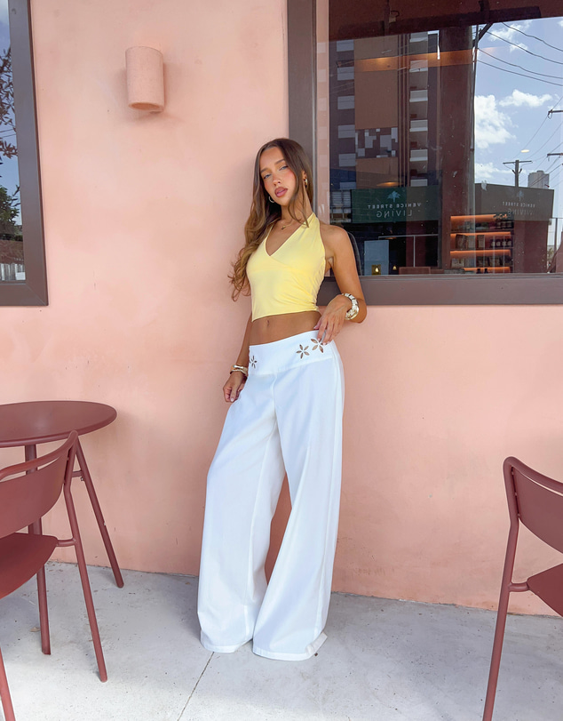 Beginning Boutique - Alamara White Floral Detail Wide Leg Pants