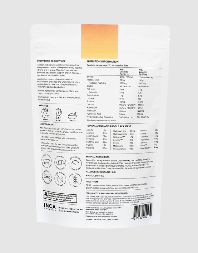 Inca Organics - Skin Body Gut Collagen Whey Protein + Hyaluronic Acid + Probiotics (Chocolate)