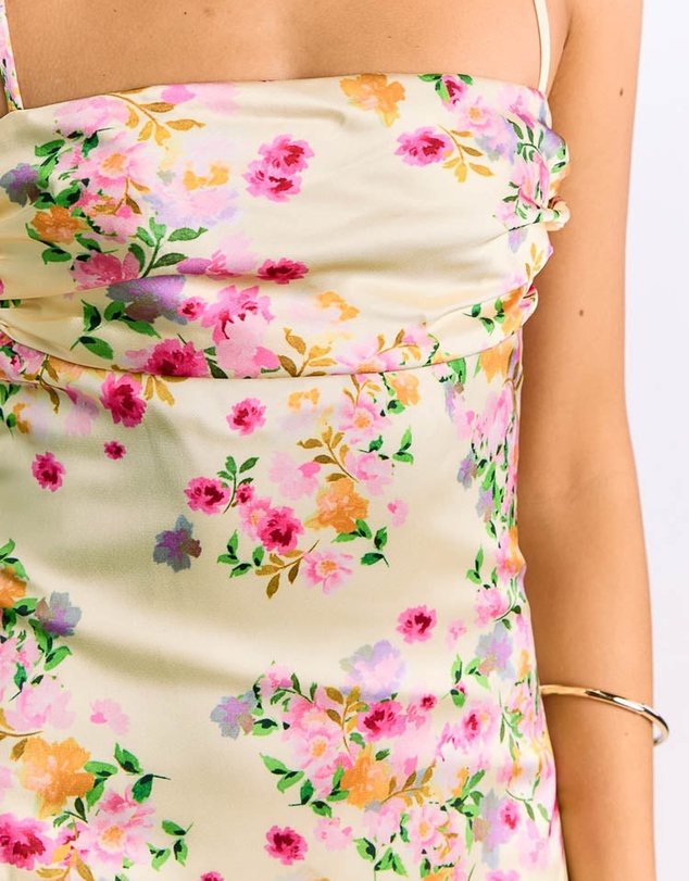Beginning Boutique - Blaise Yellow Bloom Satin Maxi Dress
