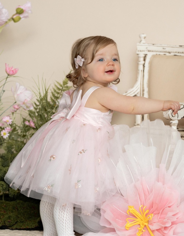 Bebe by Minihaha - Pink Floral Embroidered Back Bow Tulle Dress With Bloomers - Babies
