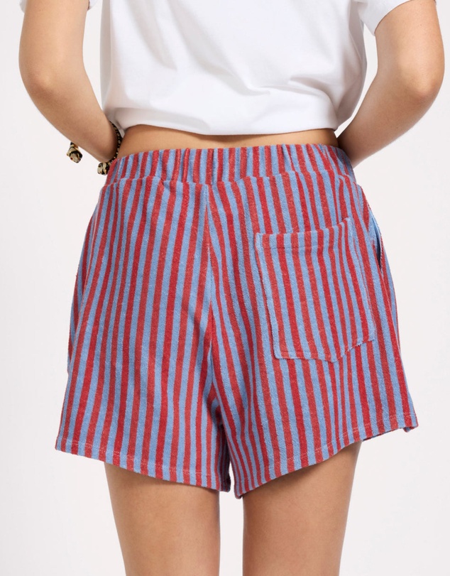 ONE TEASPOON - Terry Towel Drawstring Beach Shorts - Red Blue Striped