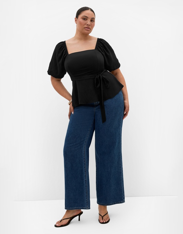 City Chic - Plus size Collins Puff Sleeve Tie Waist Top - black