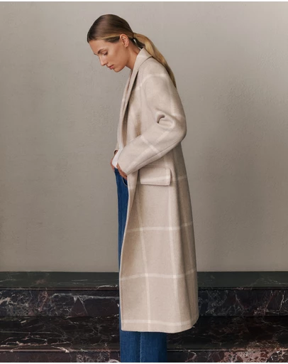 Trenery - Italian Wool Blend Check Coat in Stone