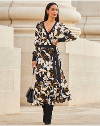 Sosandar - Floral Print Contrast Trim Midi Wrap Dress