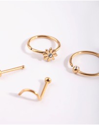 Lovisa - Gold Plated Surgical Steel Flower & Diamante Nose Stud 4-Pack