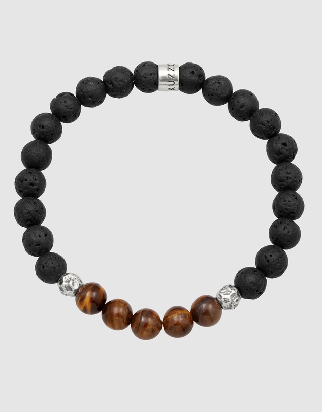 Kuzzoi - ICONIC EXCLUSIVE - Lava and Tiger's Eye Bead Bracelet with Sterling Silver Elements