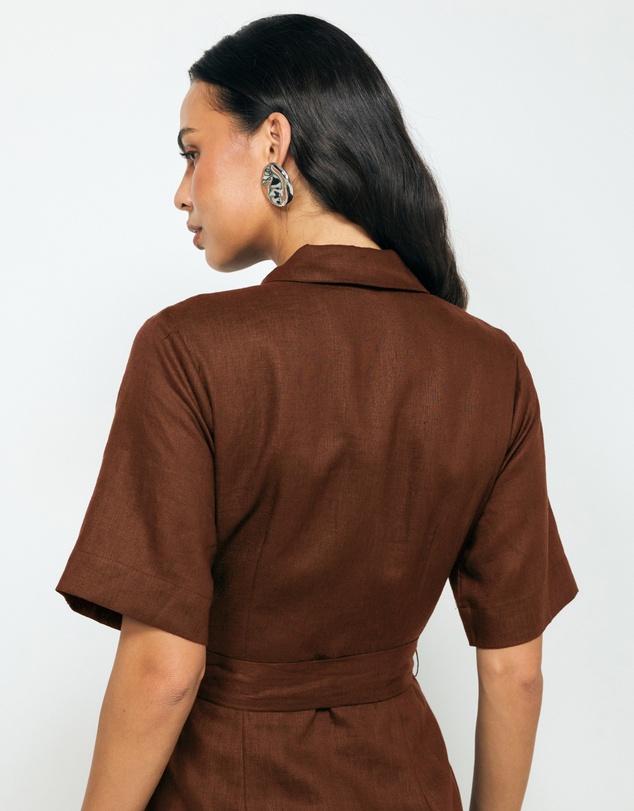 Revibe - Repaired AERE Orien Tuck Waist Linen Shirt Dress - AU 6