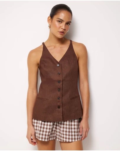 AERE - Nora Linen Button Front Top