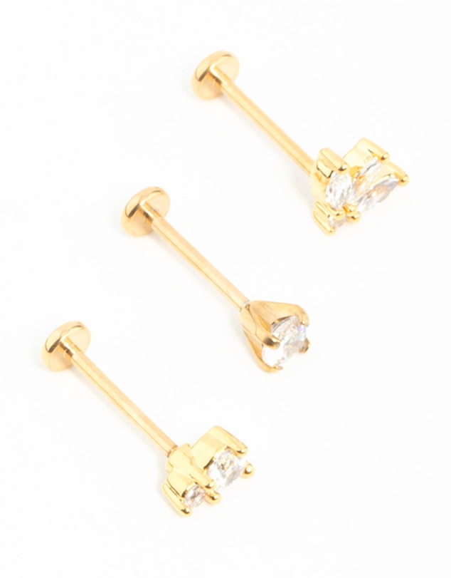 Lovisa - Gold Plated Surgical Steel Double Cubic Zirconia Flat Backs 3-Pack
