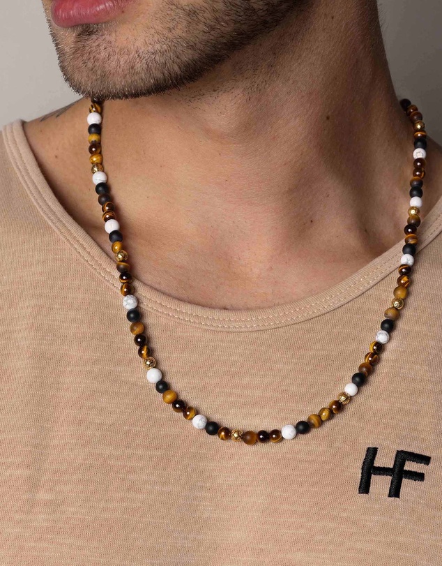 Nialaya Jewellery - Beaded Necklace with Brown Tiger Eye, Howlite, and Onyx