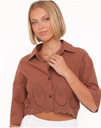 Petal & Pup - Williams Cropped Eyelet Button Up Shirt - Brown
