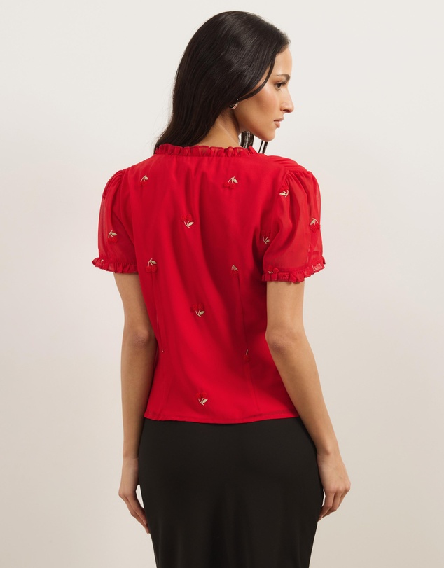 Atmos&Here - Cherry V-Neck Ruffle Blouse