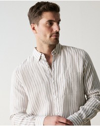 Trenery - Regular Fit Delave Linen Bold Stripe Shirt in Sahara