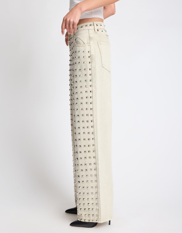 ONE TEASPOON - Jackson Mid Waist Wide Leg Studded Denim Jeans - Antique Khaki